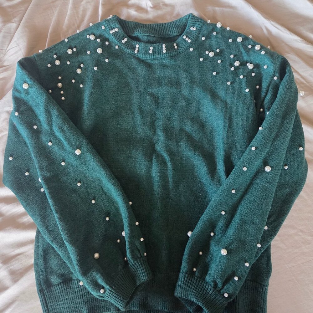 Pearl Beaded Sweater - Hunter Gree.